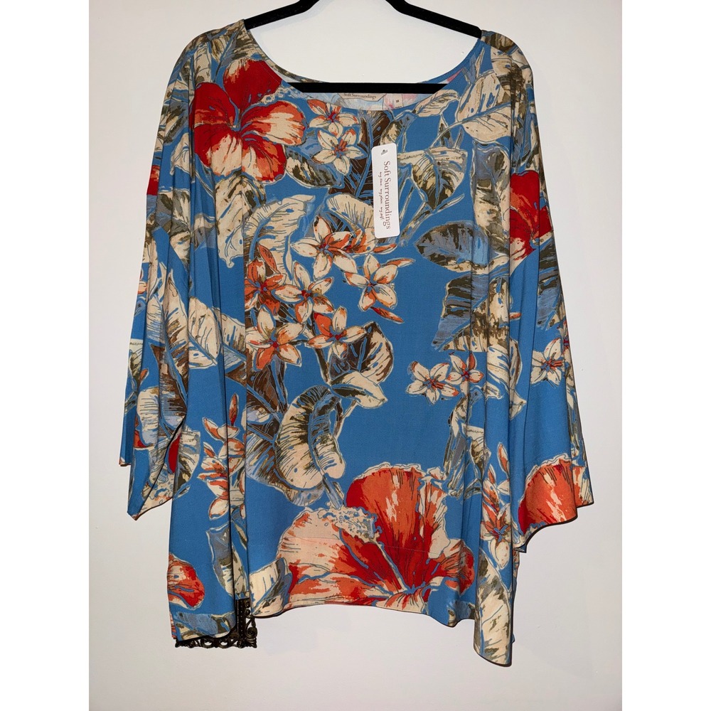 Soft Surroundings Aldea Top Blue Floral Tropical Hawaiian Vacation Blouse 3X NEW